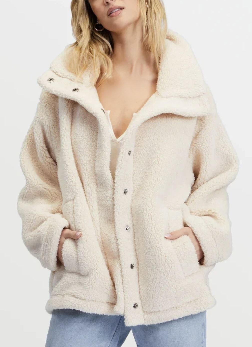 Billabong Sherpa Women Faux Fur Jacket Teddy Bear Snap Button Warm N Cozy M NWT