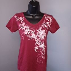 Harley-Davidson V-neck T-shirt small. Maroon color with cool white swirly graphic design and the Harley-Davidson logo. Super casual for everyday wear.