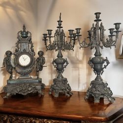 Antique Bronze Green Marble 3p Brevettato Mantel Clock Candelabra Set