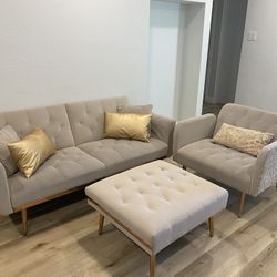 Suede Futon Couch and Accent Chair with Large Ottoman (Pillows Included) | $300 