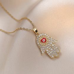 Gold Plated  Pave Hamsa Necklace 