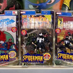 Marvel Toybiz 2000 Spider-Man 6” Classics Series 1 Spider-Man Symbiote Black Suit Spider-Man & Venom Action Figures Sealed with Collector Display Stan