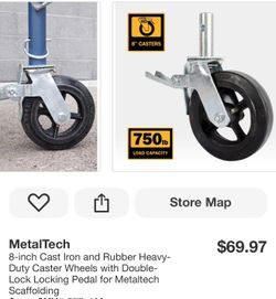MetalTech 8-inch Cast Iron and Rubber Heavy-Duty Caster Wheels with Double-Lock Locking Pedal for Metaltech Scaffolding