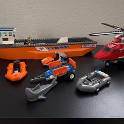 Lego fire helicopter and Lego Coast Guard Boat Orange Hull