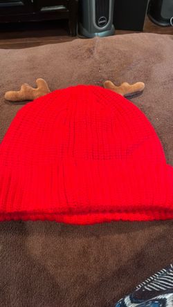 Red Knit Beanie with Reindeer Antlers