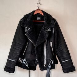 Zara Double-faced Cropped Strap Detail Faux Suede Teddy Coat Jacket 