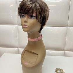 Human Hair Wig-natural Médium Brown With Highlights -$50 Peluca De Pelo Natural color Café Con Rayitos