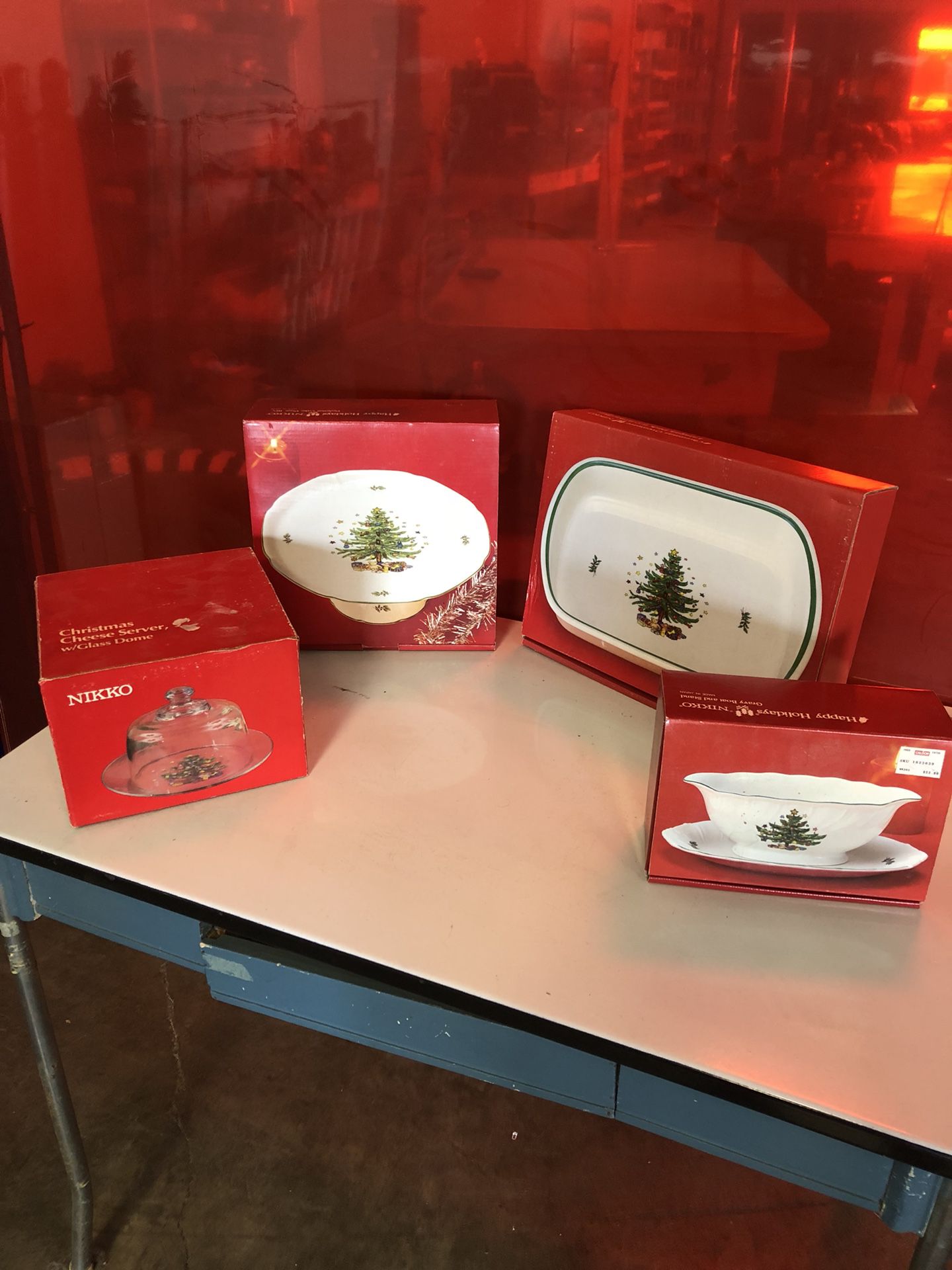 Nikko Christmastime set includes place settings, platters, cheese platter, pedestal cake plate, vegetable bowl. $200 for lot