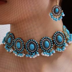 Bollywood Style Choker Necklace And Drop Earrings 