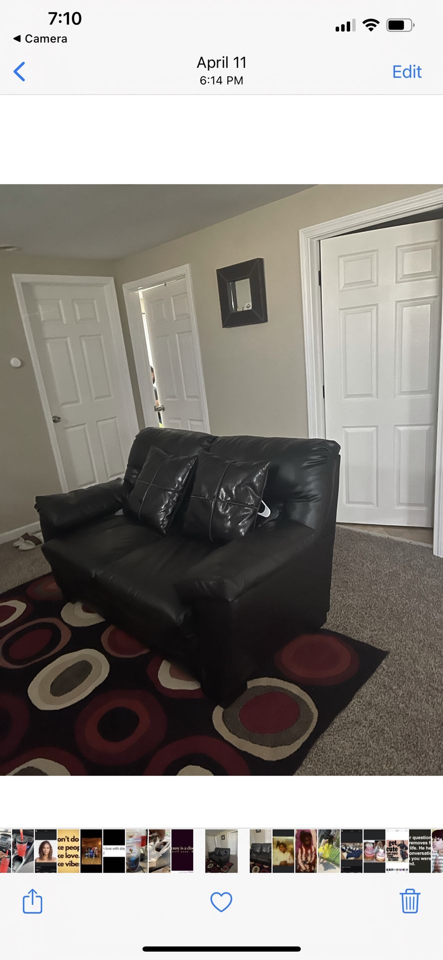 Black Three Piece Leather Living Room Set Then A Clock Picture It’s Marvel