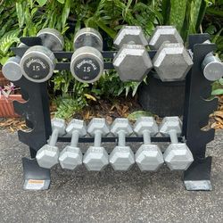 SET OF  DUMBBELLS  (PAIRS OF)   : 6s  8s   10s  12s  15s  20s   &  DUMBBELL RACK 
