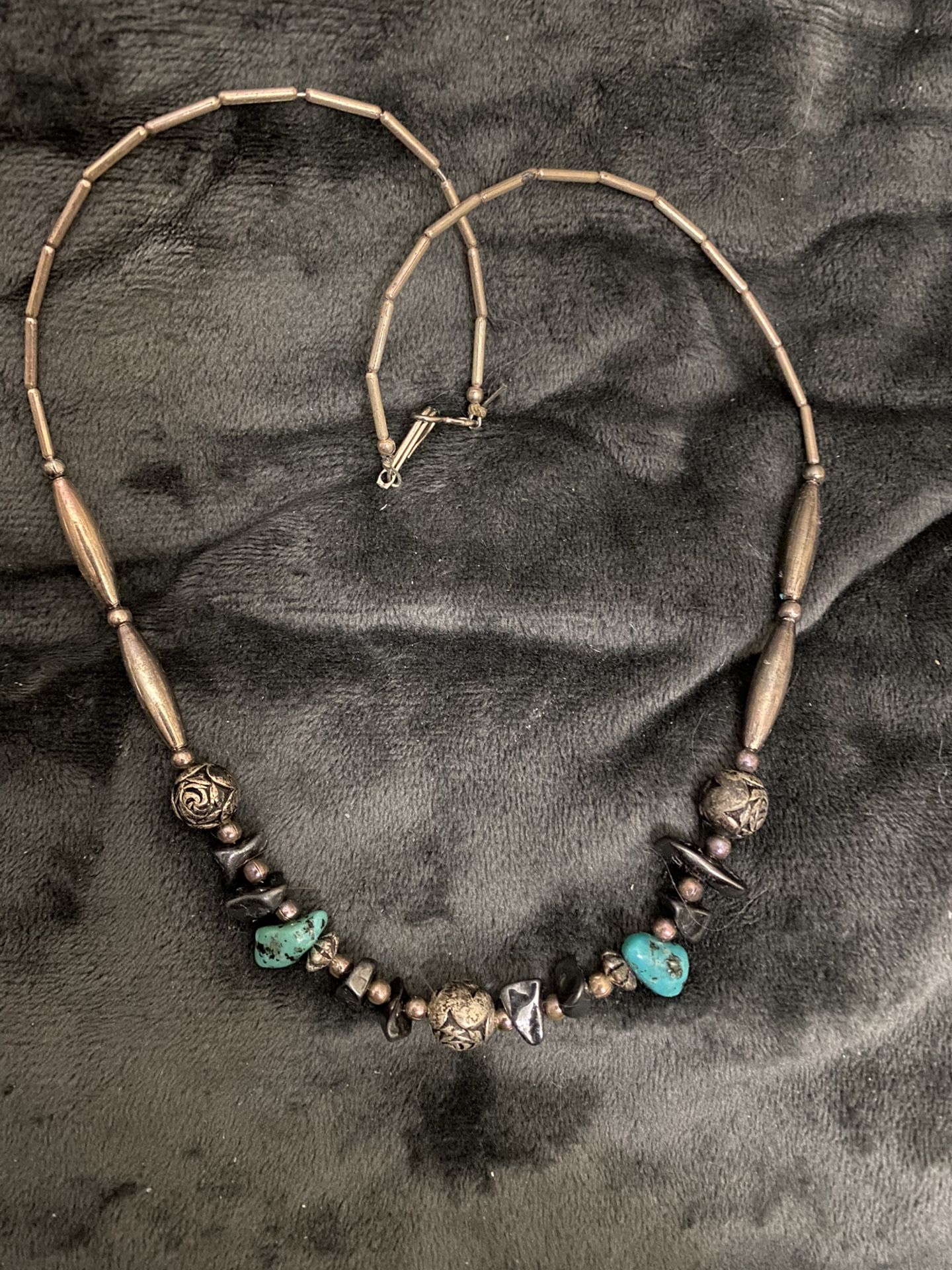 Vintage Handmade Silver, Turquoise And Obsidian 16” Necklace