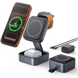 3 in 1 Wireless Charging Station for Apple Multiple Devices, Foldable Travel MagSafe Charger Stand with 20W PD Adapter for iPhone 17 16 15 14 13, Appl