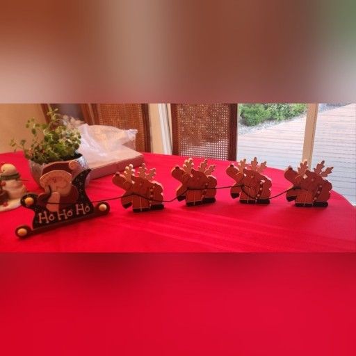 Wooden Santa And Reindeer Mantle Decoration