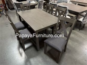 New! 7pcs Dining Set, Grey Dining Table And Chairs, Table, Chairs, Dinette Set, Casual Dining Table, Kitchen Table Set,Rectangular Table, Chairs