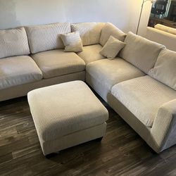 New Corduroy Fabric Sectional.  Off White / Beige.  99” X 99”.  Free Delivery!