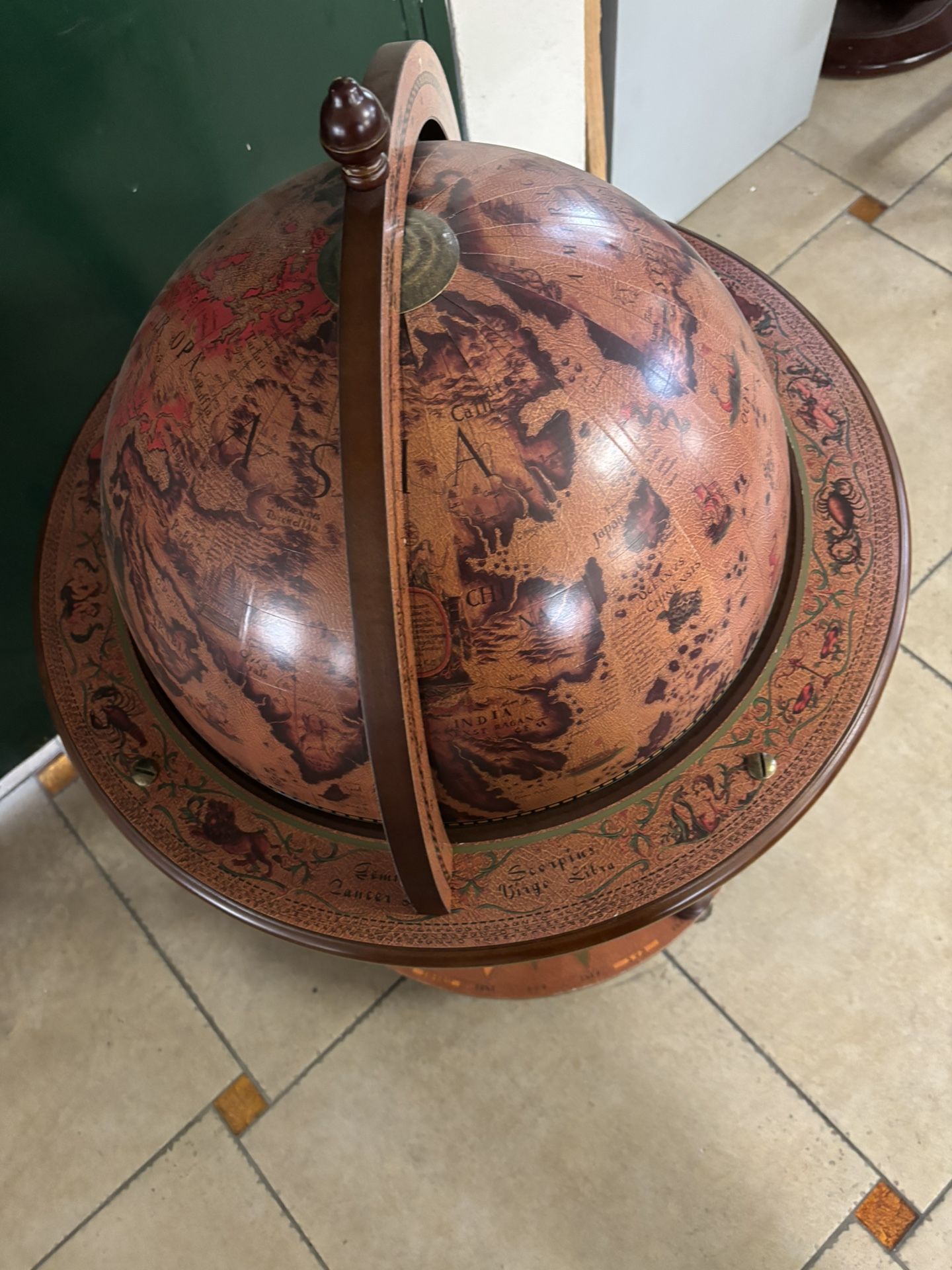 NEX Vintage Brown Wood Globe Wine Cart 3 Bottle Wine Bar