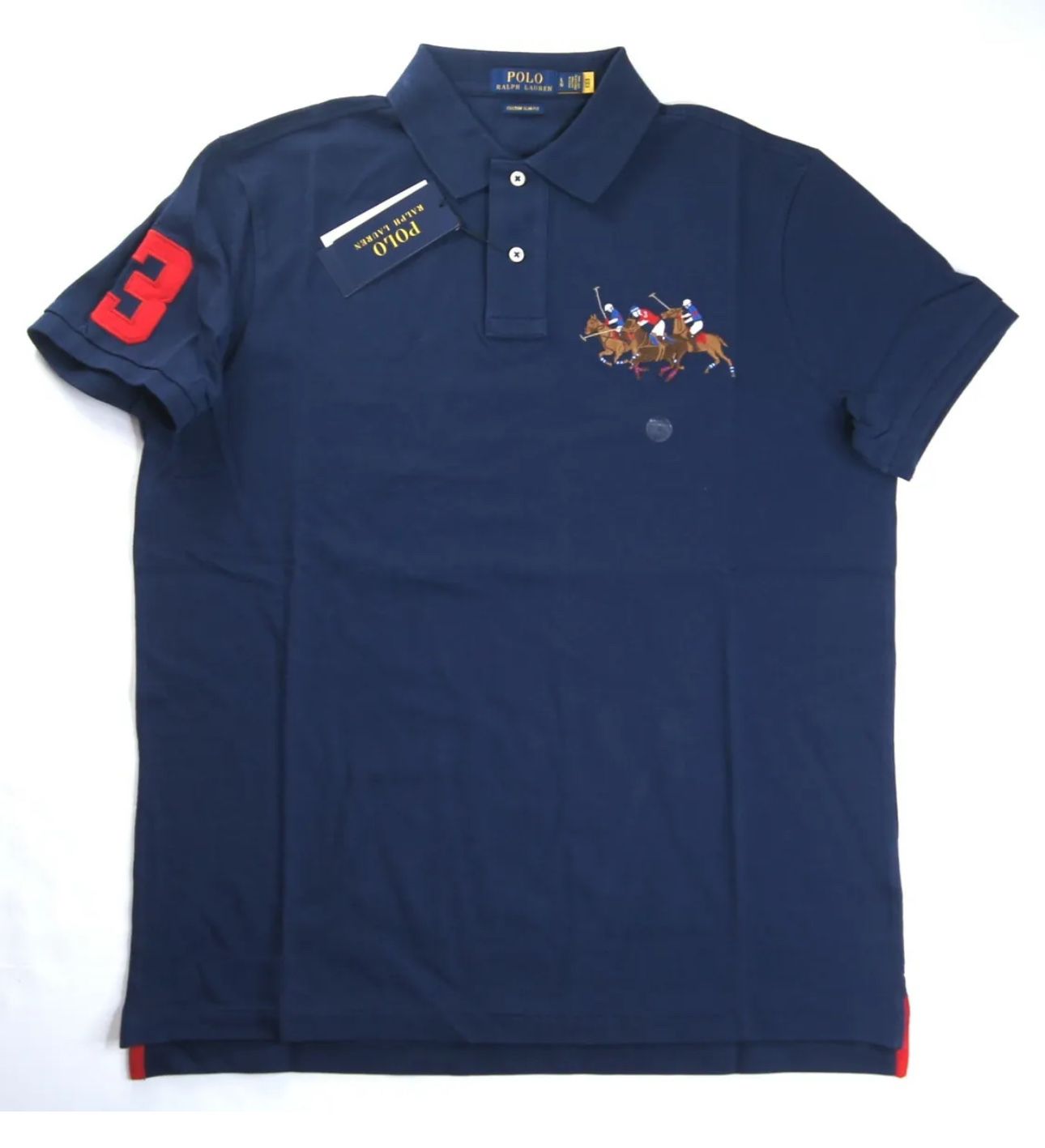 Polo Ralph Lauren Triple Pony Players Horse Racing Embroidered Navy Polo Mesh Shirt, Size 4XB 