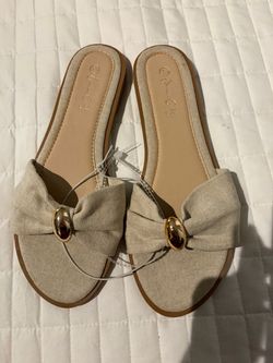 New Jessica Beige Linen Slide Sandals with Gold Hardware