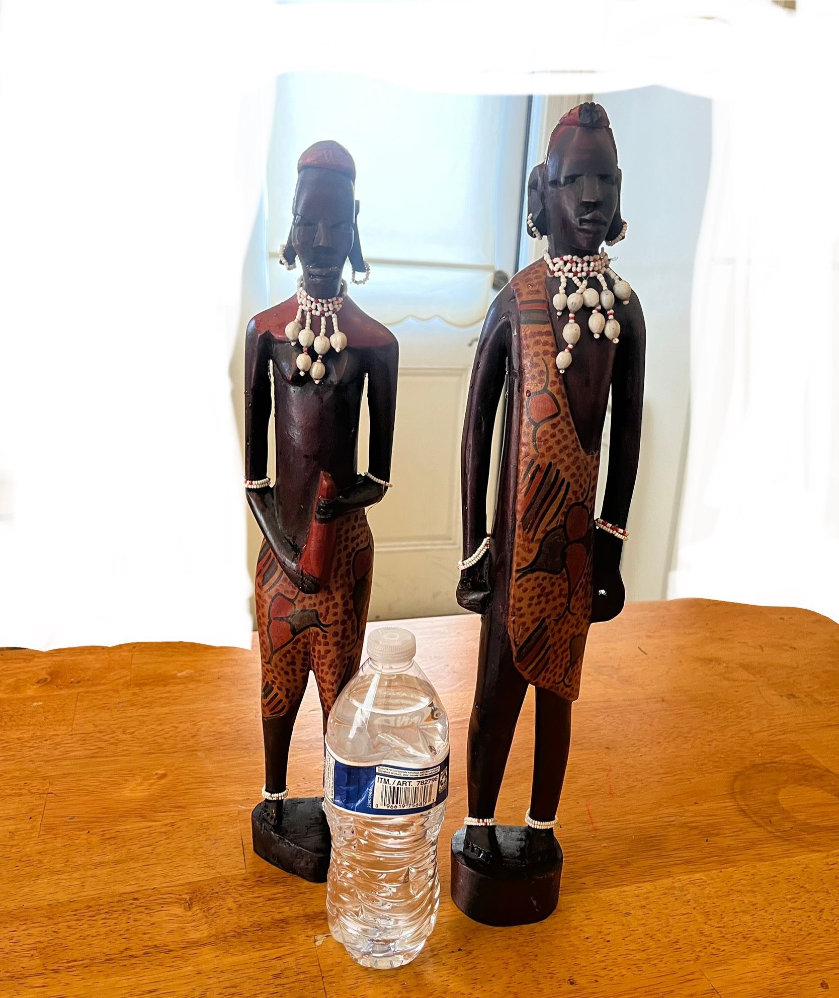 African Wooden Statues - Vintage Large Exotic Wooden Hand Carved Beaded Couple Figurines at 27” & 29” Tall. In Very Good Condition !!