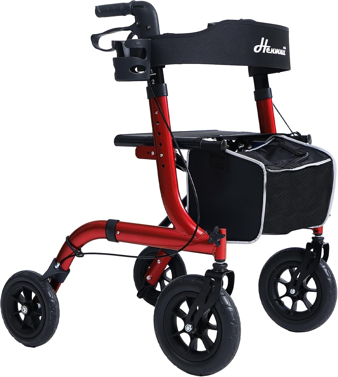 Lightweight Foldable All Terrain Rolling Walker with seat, Aluminum Walkers with 10 inch Rubber Wheels, Handles and Backrest for Seniors and Adult