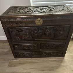 Early 20th Century Chinoiserie Carved Camphor Wood Bachelor's Chest of Drawers
