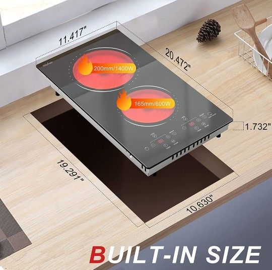 2 Burner Electric Cooktop 110v, 120v Plug In Electric Stove Top, 12 Inch  Built-in Radiant Electric Stove, Electric Ceramic Cooktop with Child Safety