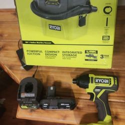 Ryobi 18V 1 gallon wet/dry vacuum, 1/4" hex impact driver, battery, charger