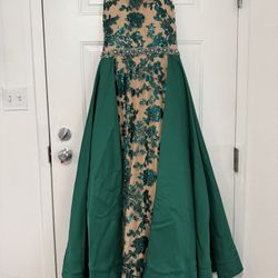 Green Satin And Lace Evening Gown