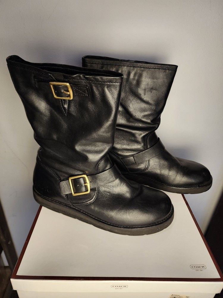 Coach Kenna Black Leather Bootie Ankle Short Boots Shoes Flats SIZE 10M With Box