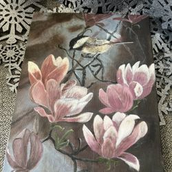 VTG Handpainted Dusk/Blue Gray Bird & Flowers On Canvas 9X12” 1995