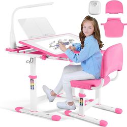 Kids Study Desk and Chair Set,Adjustable Girls School Writing Study Table,with Large Writing Board LED Lamp Pull Out Drawer Pencil Case Bookstand,Pink