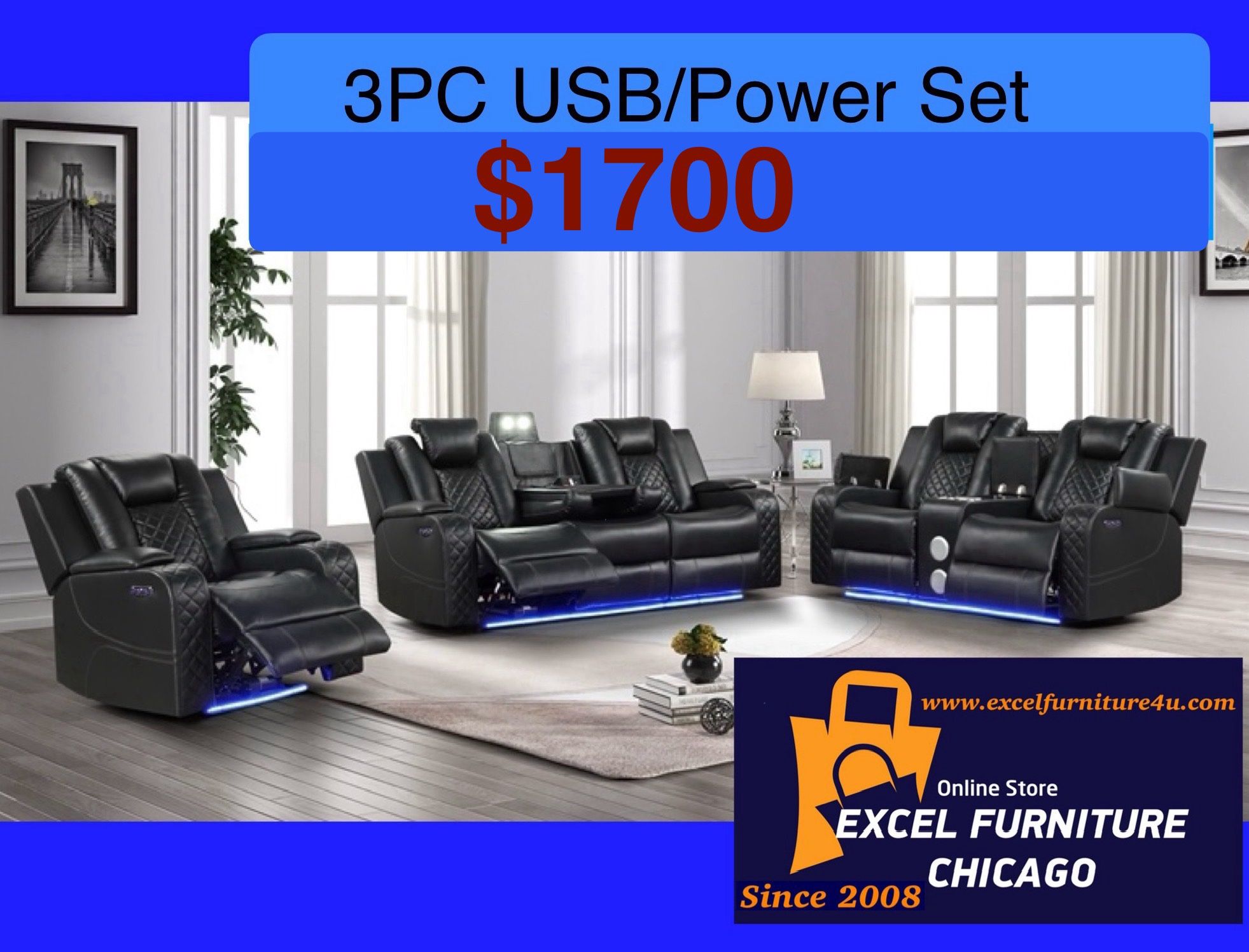 💥FREE DELIVERY💥Brand New POWER, LED, USB 3PC Reclining Sofa Loveseat Chair Set