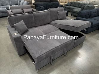 New! 89”L Reversible Grey corduroy Sectional Sofa Bed, Sectional Sofa Bed, Grey Sofa, Sleeper Sofa, Grey Couch, Reversible Sectional, Sectional Sofa W