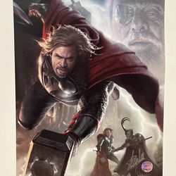 Marvel Avenger’s movie poster signed by Stan Lee, sticker of authenticity. Thor, Thor and Loki, art by Charlie Wen