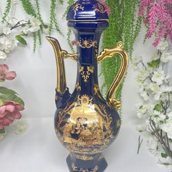 RARE Limoges Fine Porcelain Ewer – Large 19” – Cobalt Blue & Heavy Gold Gilt 