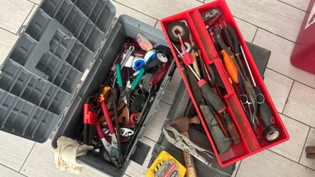Tool box with Tools hammer measuring tape electrical vice grips pliers cutters knife ect