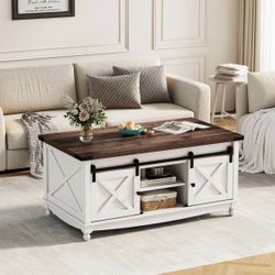 48" Farmhouse Lift Top Coffee Table with Storage Sliding Barn Door & Large Hidden Compartment, Coffee Table with Lifting Top with Wooden Lift Tabletop