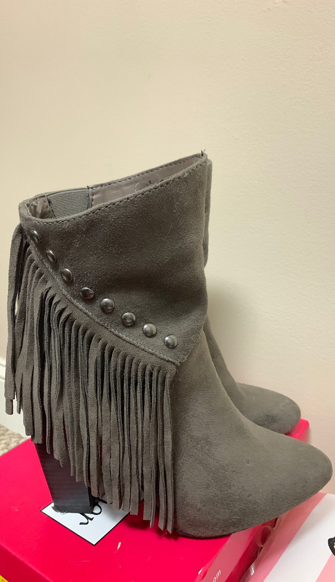 Gray fringe suede booties size 9