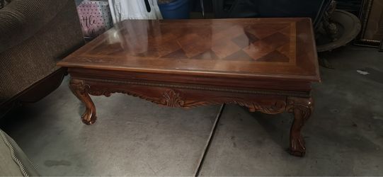 Carved Wood Coffee Table with Parquet Top
