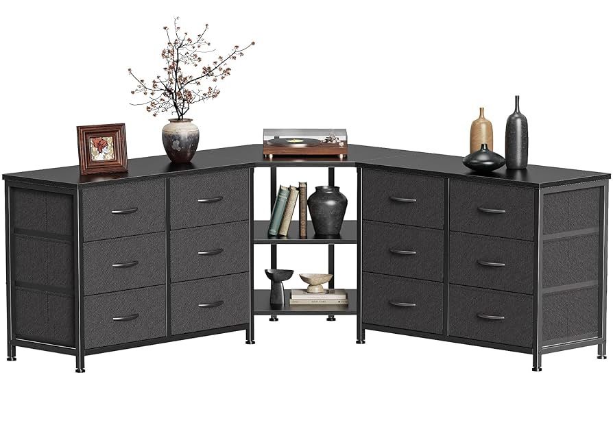 48 Inch Black Dresser for Bedroom, Corner TV Stand for 43, 55 inch TV, L Shaped Chest of Drawer with Storage and Open Shelves, 12 Drawer Fabric Dresse