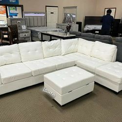 _ASK DISCOUNT COUPOn-New Furnitures sofa loveseat living room set sleeper couch daybed ▪︎Heights White Faux Leather Sectional WitOttoman
