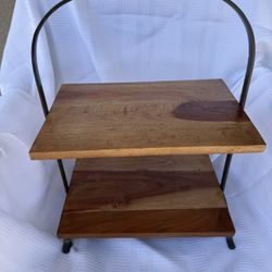 2-Tier Rustic Wooden Serving Stand Tray w/ Metal Handle – 20” Farmhouse Coffee Bar Decor Description