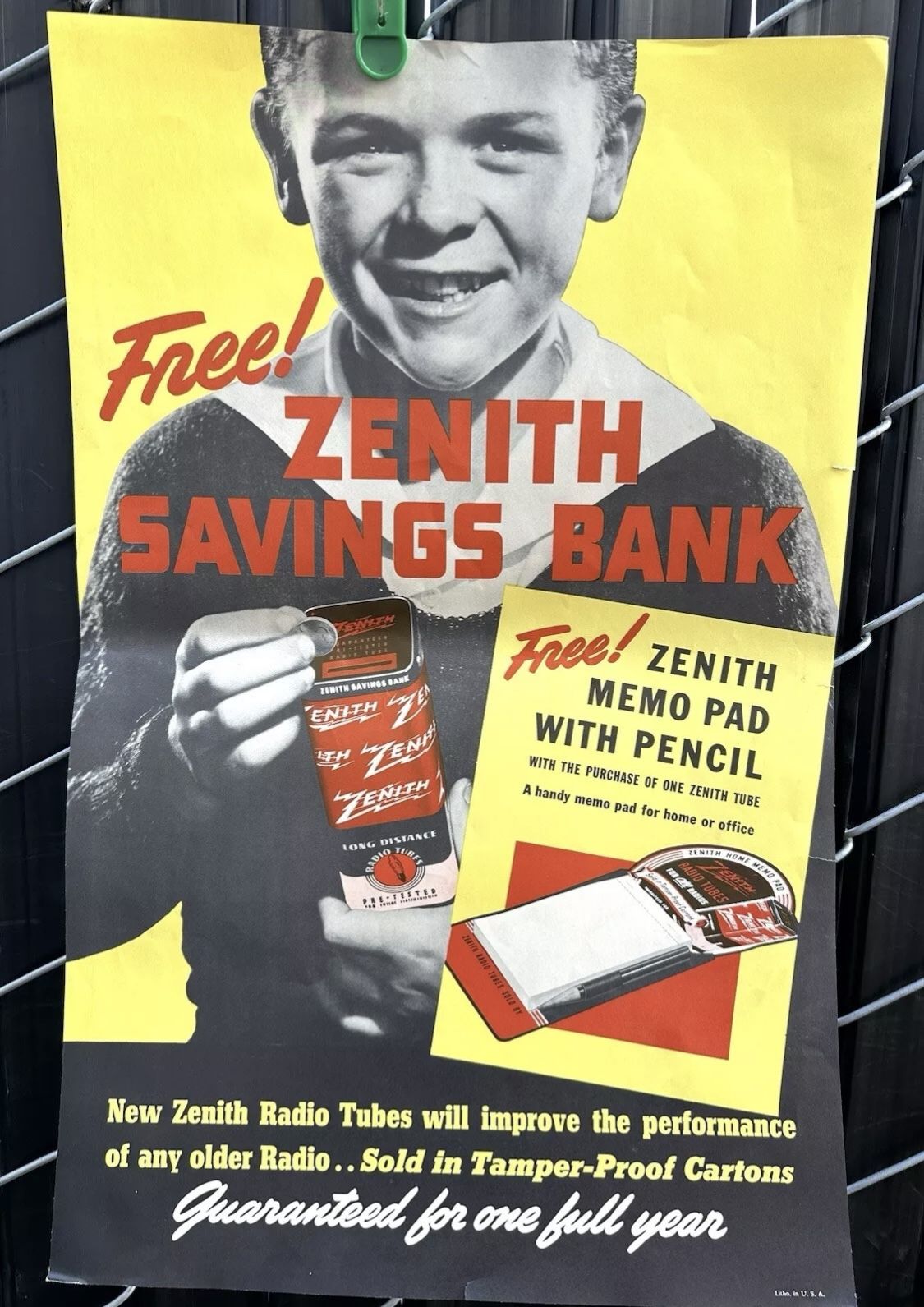 VINTAGE POSTER ZENITH SAVINGS BANK MONEY BOX MEMO PAD WITH PENCIL 22x14 INCHES