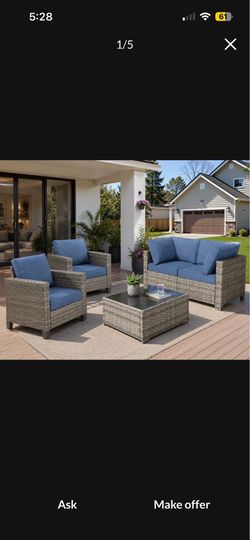 Outdoor Patio Furniture Set – Wicker Sofa Chairs & Coffee Table – Blue Cushions