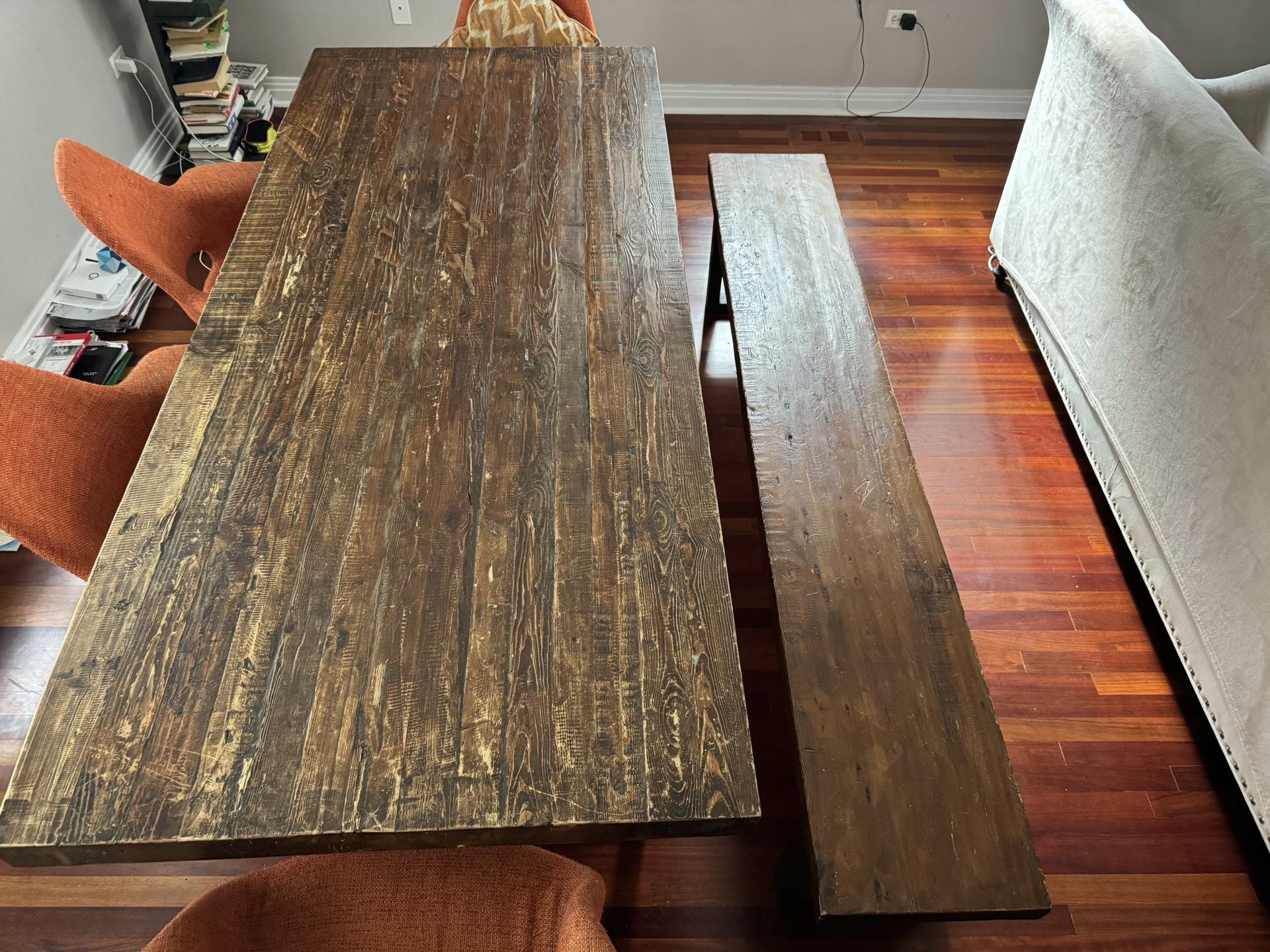 Pottery Barn Griffin Reclaimed Wood Dining Table and Bench For Sale