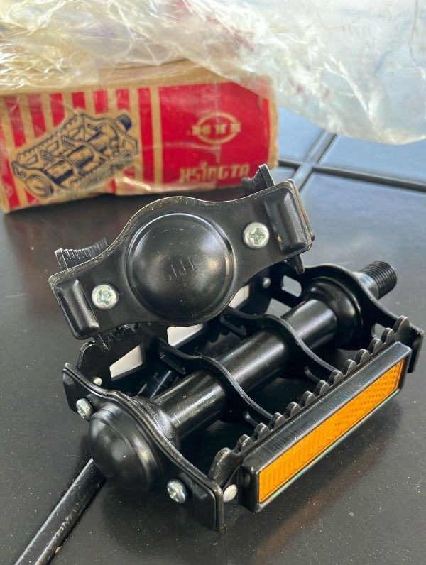 Vintage BMX, NOS, HTI Rat Trap Pedals, Model E 802, 1/2” For 1PC Cranks, Rare Black, OG Package, Located In LaHabra Ca