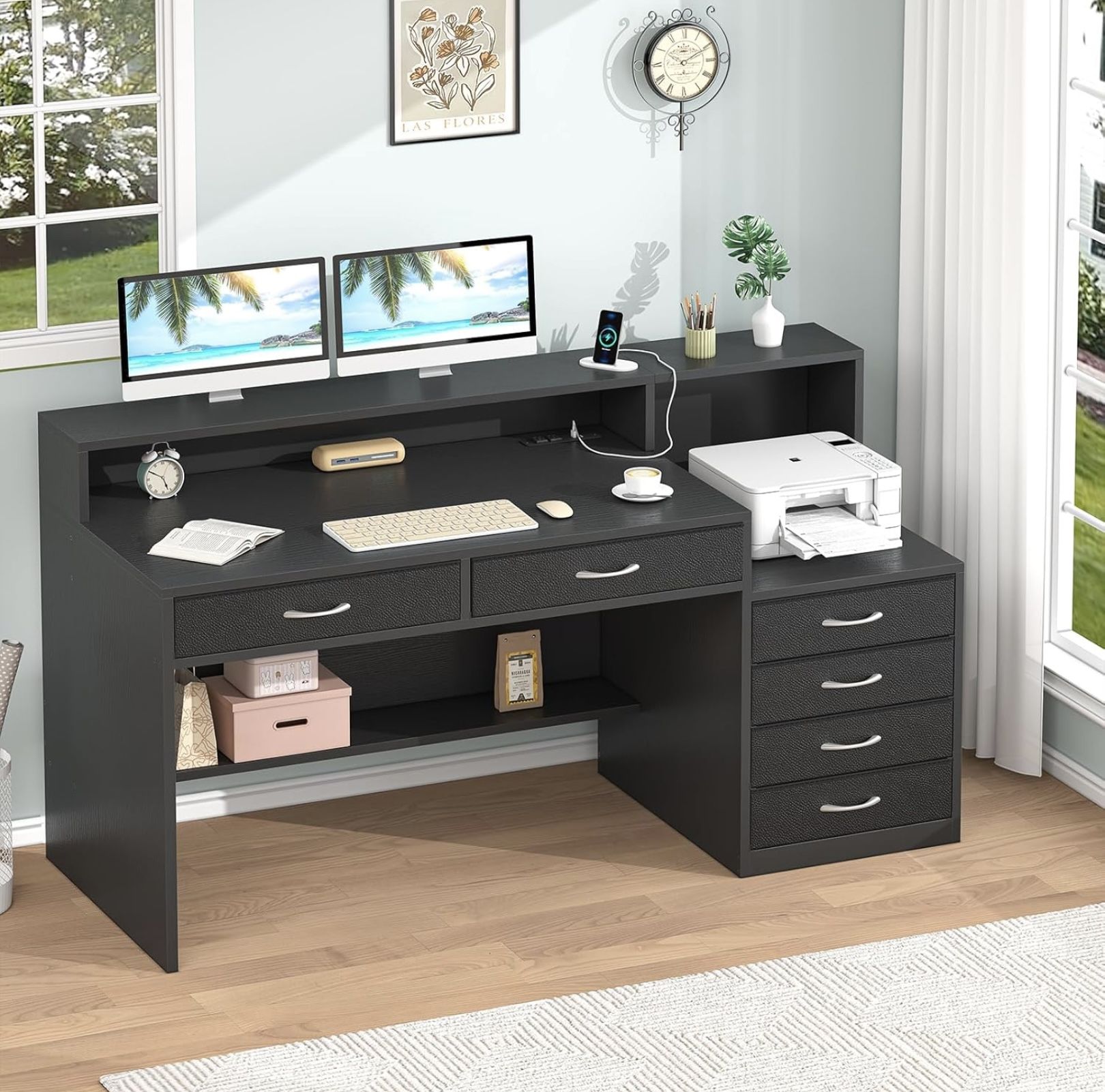 Yomiluve Computer Desk with 6 Drawers, 55 Inch Home Office Desk with Storage, Power Outlets and Printer Stand, Study Writing Desks with Long Monitor S