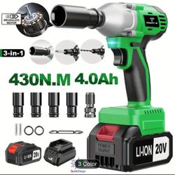 Cordless Impact Wrench, Power Impact Gun 1/2 430Nm, 3200RPM Brushless Impact Driver, with 4000mAh Batteries, Fast Charger, 4 Sockets, High Torque Elec