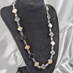 ✨925 Diamond Shaped Mother of Pearl-Black  Onyx Link Necklace 47.68g.|20"|10mm ✨ 💛 